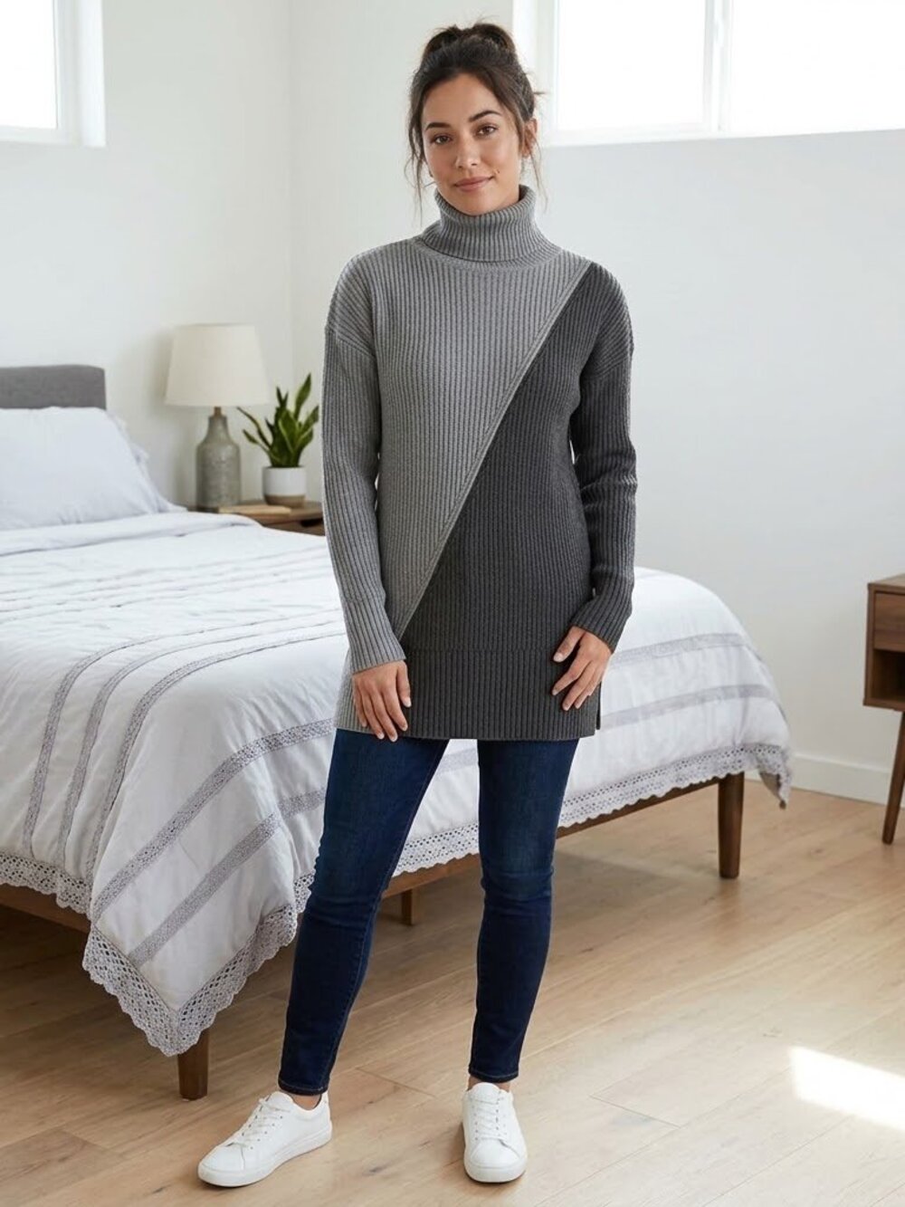 Gray Color-Block Tunic Sweater